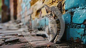 Street Kitten Seeking Shelter in Urban Environment - AI Generated