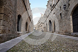 The Street of the Knights, the most famous street in Rhodes old town, Rhodes island, Greece. The Street of the Knights in Rhodes