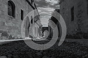 Street of the knights in Rhodes Greece in Black and White