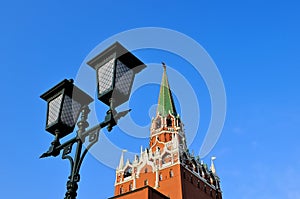 Street lamp against Troitskaya Tower of the Moscow Kremlin