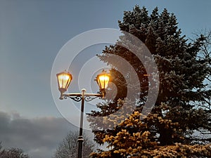 street lamp with bench in winter in the dark