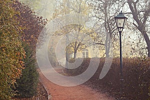 Street lamp and footpath in a foggy autumn