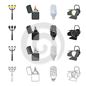 Street lamp, a lighter`s flame, an electric bulb, a floodlight. Light source set collection icons in cartoon black