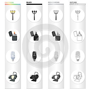 Street lamp, a lighter`s flame, an electric bulb, a floodlight. Light source set collection icons in cartoon black