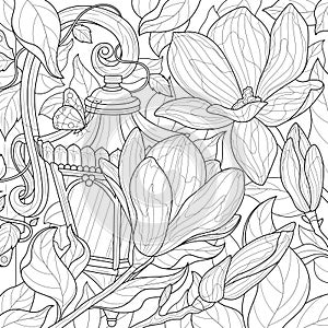 Street lamp and magnolias.Coloring book antistress for children and adults. photo