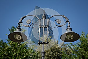 Street lamp in the old style on blue sky background . street lighting lantern for street lighting at night, in the old style . las