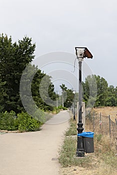Street lamp in a park broken by vandalism