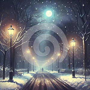 The street lamp of a park in winter night, with snow, moon, starry sky, toad, tree, digital painting art, style of claude monet