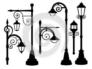 Street lamp, road lights vector silhouettes