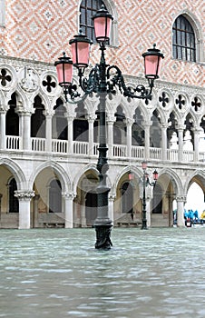 Street lamp on Saint Mark square in Venice in Italy during the f