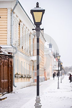 Street Lamp With Snow On Territory Of Kolomna Kremlin In Kolomna, Russia In Winter Close Up