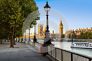 Street Lamp on South Bank of River Thames with Big Ben and Palace of Westminster in Background, London, England, UK