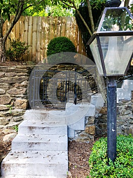 Street lamp and stone steps