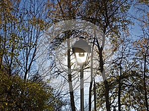 Street lamp on a Sunny autumn day in the Park photo