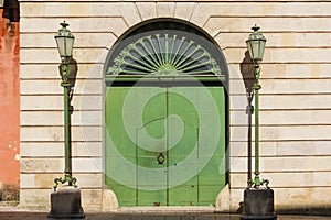 Street Lamps and door. Matera. Apulia or Puglia. Italy