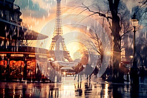 Street landscape of Paris on rainy autumn or winter day with blurry crowd of people and view of Effel Tower