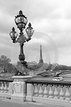 Street lantern on the Alexandre III Bridge with Eiffel Tower in Paris, France, monochrome