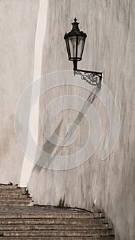 Street lantern at Old Castle Stairs on Prague Castle. Medieval stairway with vintage lamps, Prague, Czech Republic