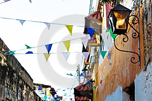 A street lantern on an old wall in Cartagena, Colombia.