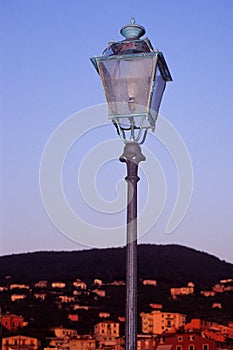 Street light with city view