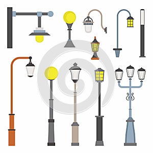 Street light object cartoon icons. Set of Lampposts and outdoor lighting. Vintage electricity urban lantern light, exterior old