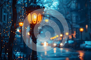 Street Light in Rainy Night. Generative AI