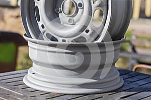 street lighting. car wheels made of iron. treated with sandblasting. metal without painting. close-up