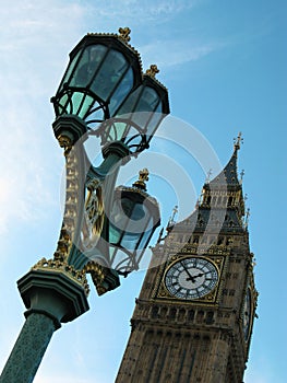 Street lighting at the tower Big Ben, London