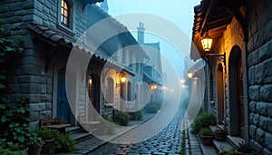 Street Lights on an Empty Street. Old Stavanger- Norway.
