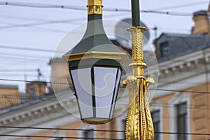 Street lights on the Green Bridge over the Moika River on Nevsky Prospekt.