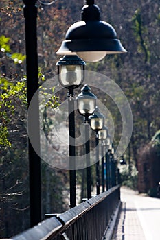 Street lights lining bridge