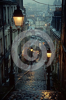 A street lights are lit up on a rainy night, AI