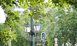 Street lights - old vintage look green colur with trees in background