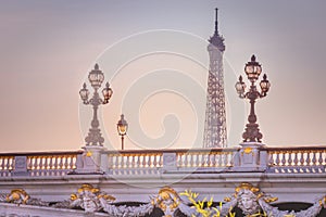 Street lights in Pont Alexandre III and Eiffel Tower, Paris, france