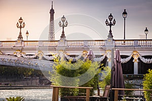 Street lights in Pont Alexandre III and Eiffel Tower, Paris, france