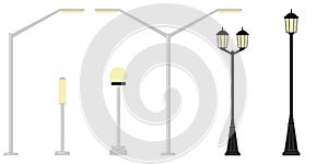 Street lights realistic icon set on white background in different styles. Decorative stylized streetlights silhouettes