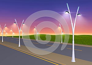 Street lights shining at dawn on the highway - 3d illustration