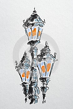 Street lights sketch created with black ink and markers. Color illustration