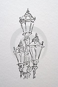 Street lights sketch created with pen with nib and black ink. Black and white illustration