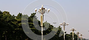 Street lights on Tiananmen Square in Beijing, China