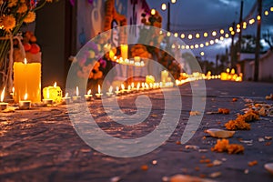 street lined with candles leading to an ofrenda at dusk photo