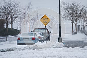 Street of Long Island City during the Winter Storm Stella with signal Dead End.