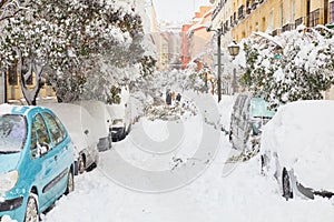 Street of Madrid city after a big snowfall
