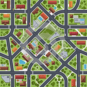 Street map top view. City transport infrastructure, urban roads plan, houses rooftops in green courtyards, bushes and