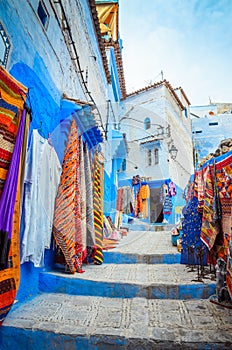 Street market in blue medina of city Chefchaouen,  Morocco, Africa