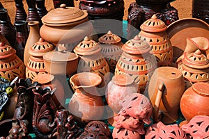 Street market exhibition of handmade pots, ceramic products, souvenirs. Udaipur, Rajasthan, India