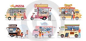 Street market food truck, outdoor cafe vector illustration set. Cartoon foodtruck with menu pizza asian food burger ice photo