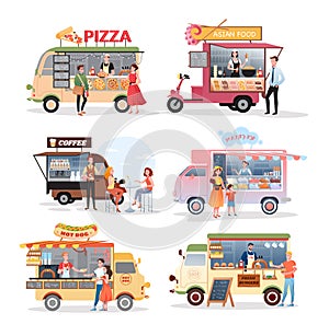 Street market food truck vector illustration set. Cartoon van stall marketplace mini cafe selling pizza asian food
