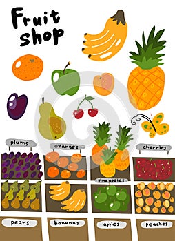 Street market. Fruits shop sketch set. Oranges apples bananas pineapples pears and plums. Hand drawn. Vector cartoon