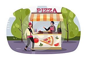 Street market. Kiosk selling pizza. Vector illustration